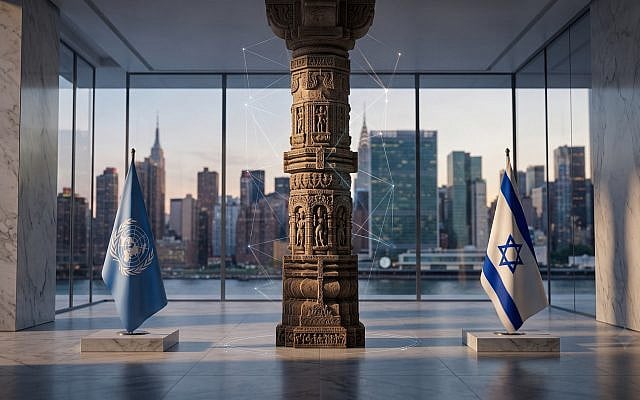 Conceptual illustration: An intricately carved Indian pillar stands anchored between the flags of the United Nations and Israel against a modern diplomatic skyline, symbolizing New Delhi's deeply rooted, multi-aligned balance amidst the growing friction of Jerusalem's 'eighth front' with international institutions. Image: AI-generated (Free for commercial use).