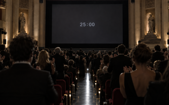A crowd gives a standing ovation in front of a screen that reads "25:00".(Photo by ChatGPT)