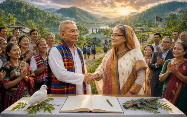 An AI-generated editorial illustration of PCJSS President Jyotirindra Bodhipriya “Santu” Larma and former Bangladeshi Prime Minister Sheikh Hasina around the 1997 Chittagong Hill Tracts Accord. The open agreement, surrendered rifle, white dove and Indigenous representatives symbolize PCJSS’s choice of peace and hope for a better Bangladesh. Created by the author using AI; not a historical photograph.