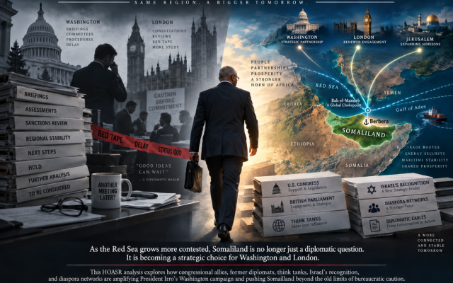 Poster illustrating U.S. and UK bureaucratic caution versus Somaliland’s growing strategic importance around Berbera, the Red Sea and Bab el-Mandeb.HOASR Original Infographic Artwork Poster illustrating U.S. and UK bureaucratic caution versus Somaliland’s growing strategic importance around Berbera, the Red Sea and Bab el-Mandeb.HOASR Original Infographic Artwork