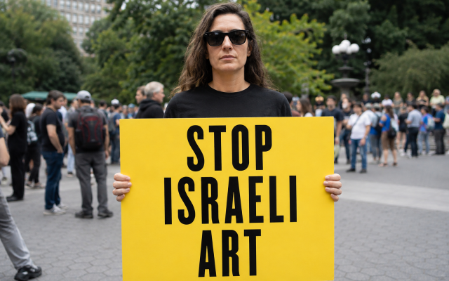 Woman holding "stop Israeli art" sign (ChatGPT, 02-08-2026)