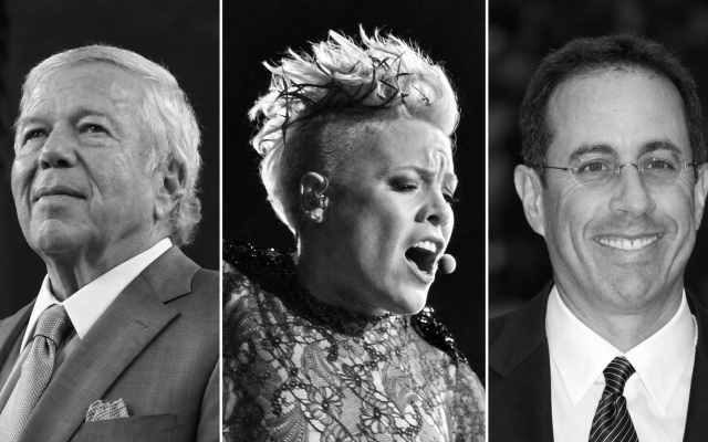 Robert Kraft, Pink, and Jerry Seinfeld. Photos: David Silverman / New England Patriots and Dmileson, CC BY-SA 4.0; David Shankbone, CC BY 3.0. AI-assisted montage and black-and-white adaptation by The Jew News Review, licensed CC BY-SA 4.0