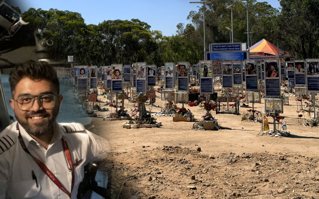 Captain Smit Machchhar (left), the Indian pilot who, though badly wounded, unlocked the cockpit door of flydubai flight FZ1073 and saved 174 lives. The Nova festival memorial near Kibbutz Re’im (right), where more than 360 people were murdered on October 7, 2023.  

(Photo credit: Nova memorial: Rahul PAWA. Captain Machchhar: via social media.)