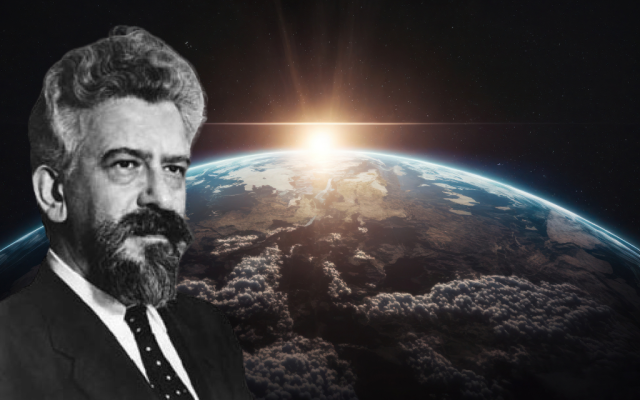 Abraham Joshua Heschel. Photo: Peter1c / Wikimedia Commons, CC BY-SA 4.0; modified from original  ||  Background image licensed via Canva.
