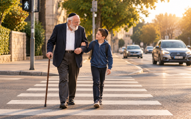 Helping an old man cross the road, going beyond ourselves for someone else Helping an old man cross the road, going beyond ourselves for someone else