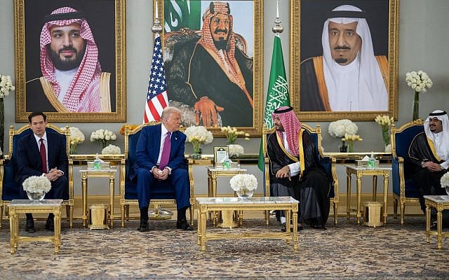 President Donald Trump speaks with Saudi Crown Prince Mohammed Bin Salman Al Saud after his arrival to King Khalid International Airport in Riyadh, Saudi Arabia, Tuesday, May 13, 2025. (Official White House Photo by Daniel Torok)