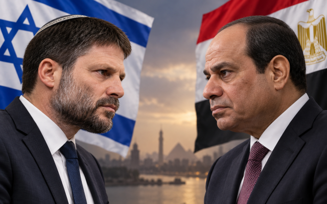 Bezalel Smotrich and Egyptian President Abdel Fattah el-Sisi face off against a backdrop of the Israeli and Egyptian flags. (AI-generated) Bezalel Smotrich and Egyptian President Abdel Fattah el-Sisi face off against a backdrop of the Israeli and Egyptian flags. (AI-generated)