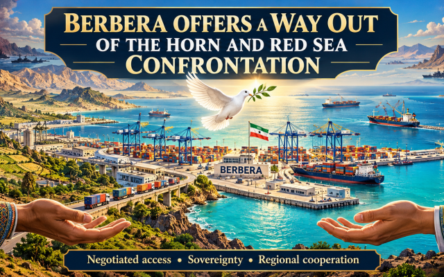 An infographic artwork placing Berbera at the center of a peaceful strategic response to maritime rivalry. The harbor, commercial shipping, open hands and olive-branch dove illustrate negotiated access, respect and cooperation across the Horn and Red Sea region. Credit: original HOASR infographic An infographic artwork placing Berbera at the center of a peaceful strategic response to maritime rivalry. The harbor, commercial shipping, open hands and olive-branch dove illustrate negotiated access, respect and cooperation across the Horn and Red Sea region. Credit: original HOASR infographic