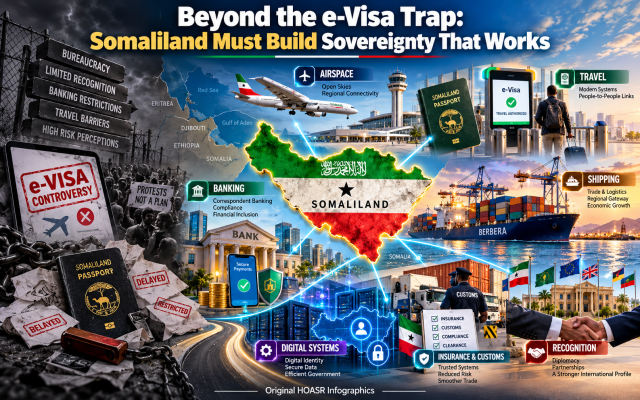 Somaliland’s sovereignty challenge extends beyond the e-Visa dispute to aviation, finance, shipping, digital systems, customs and international recognition. Original HOASR Infographics.