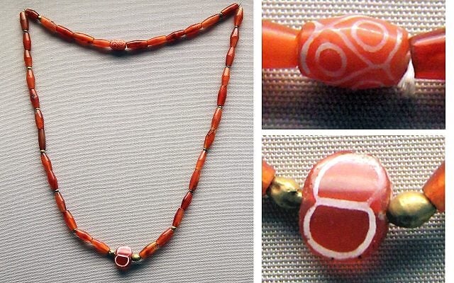 The etched carnelian beads in this necklace from the Royal Cemetery of Ur dating to the First Dynasty of Ur (2600-2500 BCE) were probably imported from the Indus Valley. British Museum. (Source: Wikimedia Commons) The etched carnelian beads in this necklace from the Royal Cemetery of Ur dating to the First Dynasty of Ur (2600-2500 BCE) were probably imported from the Indus Valley. British Museum. (Source: Wikimedia Commons)