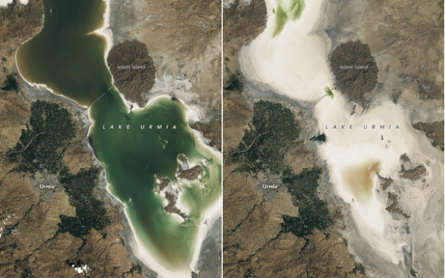 Figure 2. Dramatic shrinkage of Lake Urmia.  Satellite images showing the extent of Lake Urmia in  September 2020 (left)  and September 2023 (right), illustrating the substantial reduction in the lake’s surface area over this period