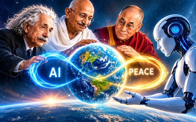 Einstein, Gandhi, the Dalai Lama, and the Distance Between AI and Peace. An AI Illustration.