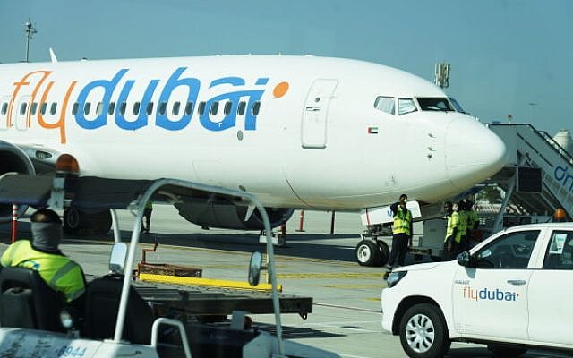 Flydubai airplane at Ben Gurion airport (AP/Alon Bernstein)