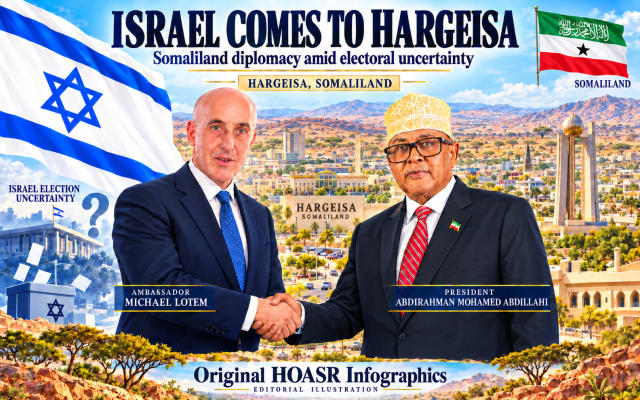 Ambassador Michael Lotem and President Irro depicted in Hargeisa against a backdrop of Israeli electoral uncertainty. Editorial illustration. Credit: HOASR Infographics