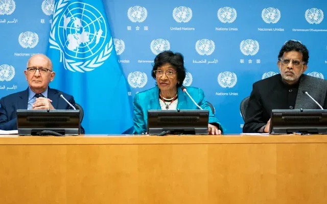 Navi Pillay and fellow commissioners Chris Sidoti and Miloon Kothari at United Nations press briefing in Geneva on 14 June 2022, dealing the UN  Independent International Commission of Inquiry on the Occupied Palestinian Territory including East Jerusalem and Israel .
 Photo :Times of Israel