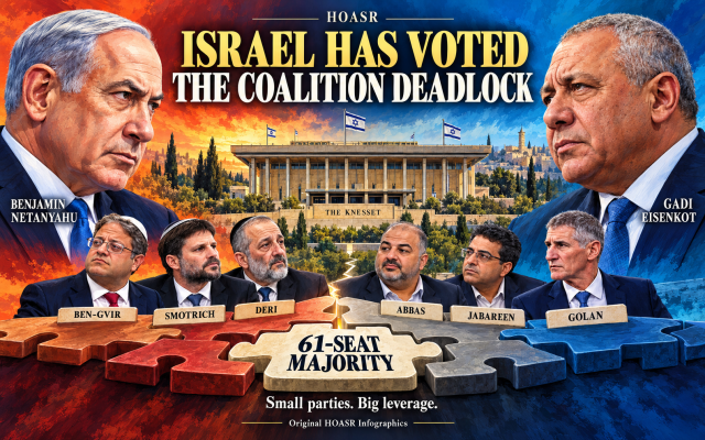 Israel’s coalition deadlock places smaller parties at the centre of government negotiations, with consequences across the Middle East and Red Sea. Original HOASR Infographics. Israel’s coalition deadlock places smaller parties at the centre of government negotiations, with consequences across the Middle East and Red Sea. Original HOASR Infographics.