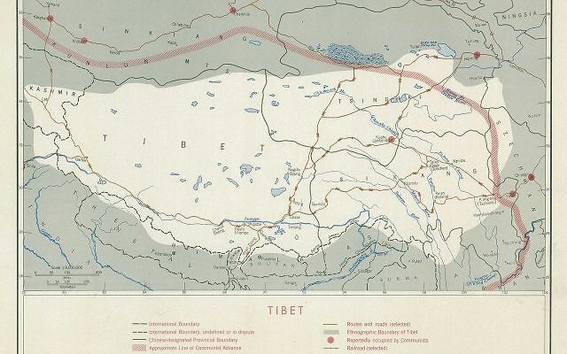 CIA Map of Tibet with "Approximate Line of Communist Advance" and cities "Reportedly occupied by Communists" dated February 1950 and marked "CONFIDENTIAL". (Source: Wikimedia Commons).