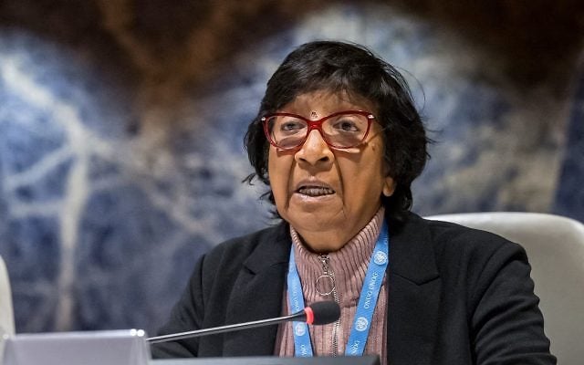 Chairwoman of the so-called United Nations Independent International Commission of Inquiry on the Occupied Palestinian Territory, including East Jerusalem, and in Israel, South Africa's Navi Pillay speaks during a briefing to UN member states about the Commission's ongoing investigations at the UN offices in Geneva on April 16, 2024. (Photo by Fabrice COFFRINI / AFP) Chairwoman of the so-called United Nations Independent International Commission of Inquiry on the Occupied Palestinian Territory, including East Jerusalem, and in Israel, South Africa's Navi Pillay speaks during a briefing to UN member states about the Commission's ongoing investigations at the UN offices in Geneva on April 16, 2024. (Photo by Fabrice COFFRINI / AFP)