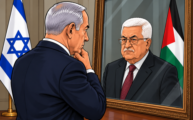 An AI-generated political illustration depicting Israeli Prime Minister Benjamin Netanyahu looking into a mirror and seeing Palestinian President Mahmoud Abbas, with the Israeli and Palestinian flags displayed behind them, respectively.