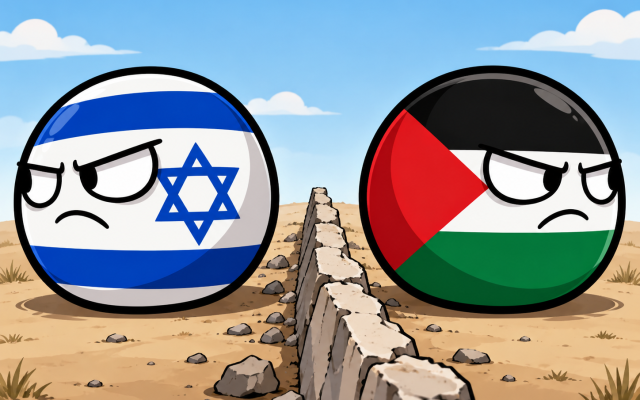 An AI-generated cartoon illustration depicting Israeli and Palestinian flag characters glaring away from each other, separated by a cracked barrier symbolizing their deep divisions and mutual distrust. An AI-generated cartoon illustration depicting Israeli and Palestinian flag characters glaring away from each other, separated by a cracked barrier symbolizing their deep divisions and mutual distrust.