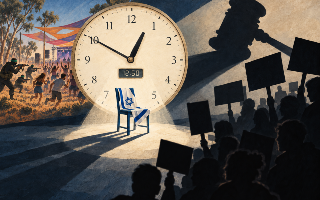 At 12:50 p.m. on October 7, Israel was still under attack, yet already deemed guilty. AI-generated illustration.
