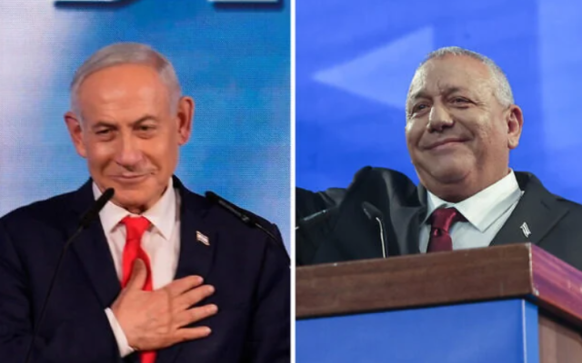 Prime Minister Benjamin Netanyahu (left) and Yashar party chief Gadi Eisenkot give speeches at their party headquarters on election night, October 28, 2026. (AP Photo/David Goldman; Miriam Alster/Flash90)