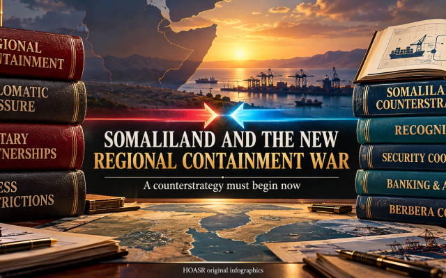 An editorial illustration showing opposing strategy volumes, with regional containment facing Somaliland’s plans for recognition, security cooperation, banking, airspace and the Berbera corridor. Credit: HOASR original infographics.