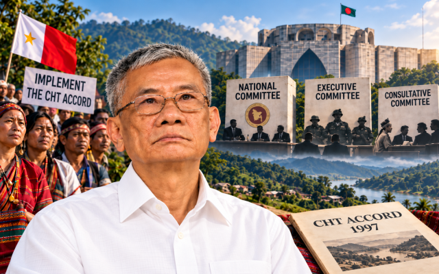 Santu Larma, chairman of the Chittagong Hill Tracts Regional Council, is shown in an editorial illustration highlighting Indigenous concern over Bangladesh’s three new CHT committees and the future of the 1997 CHT Accord. Editorial illustration created by the author for editorial purposes.