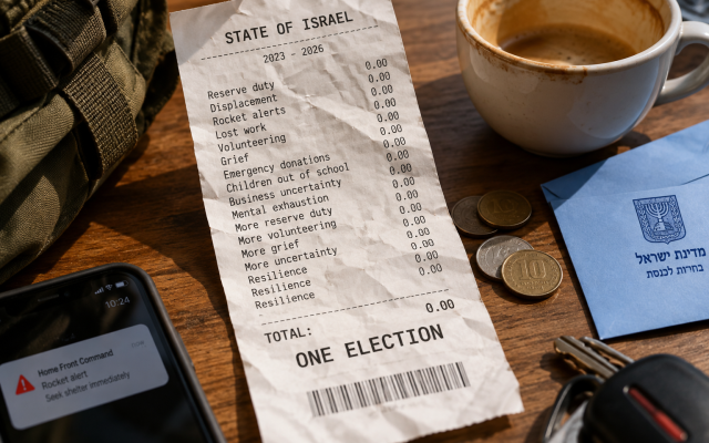 An imagined Israeli receipt tallies three years of reserve duty, displacement, rocket alerts, grief, volunteering and resilience (ChatGPT, 7-10-26). An imagined Israeli receipt tallies three years of reserve duty, displacement, rocket alerts, grief, volunteering and resilience (ChatGPT, 7-10-26).