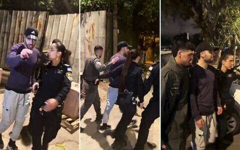 Screengrab of a social media video showing right-wing provocateur Mordechai David being detained by police for protesting outside the home of news anchor Lucy Aharish, in Tel Aviv, February 21, 2026. (X)