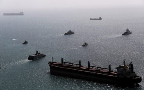 This image provided Feb. 19, 2026, by the Iranian military and dated Feb. 17, 2025, shows navy ships conducting operations during a joint drill by Iranian and Russian forces in the Indian Ocean. (Masoud Nazari Mehrabi/Iranian Army via AP)