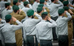 Illustrative: Career soldiers and soldiers in mandatory service in the IDF Military Intelligence Directorate attend a ceremony for the appointment of the new chief of intelligence at Glilot military base, near Tel Aviv, March 28, 2018. (Miriam Alster/Flash90)