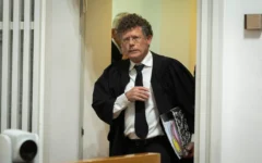 Supreme Court President Isaac Amit arrives for a hearing on petitions against the government’s dismissal of Attorney General Gali Baharav-Miara, at the Supreme Court in Jerusalem, December 1, 2025. (Chaim Goldberg/Flash90)