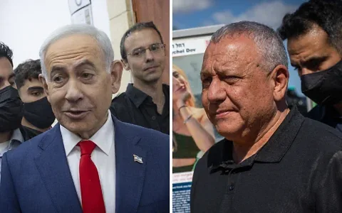 Prime Minister Benjamin Netanyahu (L) arriving for court in Jerusalem, and Yashar party chair Gadi Eisenkot visiting the Nova music festival site. (Chaim Goldberg/Flash90, Yonatan Sindel/Flash90)