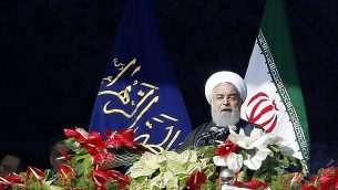 حسن روحانی در سخنرانی مراسم سالگرد پیروزی انقلاب اسلامی (11 فوریه 2018)  (AFP PHOTO / ATTA KENARE)