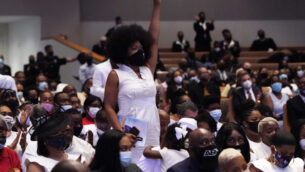 Family and guests attend the funeral service for George Floyd at The Fountain of Praise church Tuesday, June 9, 2020, in Houston. (AP Photo/David J. Phillip, Pool)