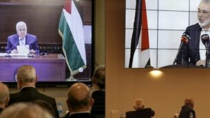 (COMBO) This combination of pictures created and taken on September 3, 2020 shows (L to R) representatives of Palestinian factions gathered at the Palestinian embassy in Lebanon's capital Beirut attending by video conference talks with Palestinian president Mahmud Abbas (screen); while their counterparts in the West Bank's Ramallah watch the speech of Hamas chief Ismail Haniyeh as he speaks in Beirut during the same meeting, in rare talks on how to respond to such accords and to a Middle East peace plan announced by Washington this year. -  (Photos by ANWAR AMRO and Alaa BADARNEH / various sources / AFP)