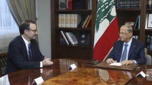 In this photo released by Lebanon's official government photographer Dalati Nohra, Lebanese President Michel Aoun, right, meets with David Schenker, Assistant Secretary of State for Near Eastern Affairs, at the presidential palace, in Baabda east of Beirut, Lebanon, Tuesday, Sept. 10, 2019. The leader of Lebanon's militant Hezbollah group, Hassan Nasrallah, said Schenker visiting Beirut to mediate between Lebanon and Israel over a maritime border dispute is a "friend of Israel." Nasrallah urged Lebanese officials to negotiate from a point of strength. (Dalati Nohra via AP)