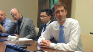 Sen. Tom Cotton speaking to Israeli reporters in his Washington office, August 4, 2015 (Raphael Ahren)