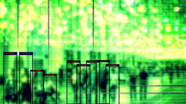Conceptual image - face recognition technology concept illustration of big data and security in city. People walk on evening street, night vision ai system is watching them.