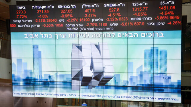 View of screens showing falling stocks at the Tel Aviv Stock Exchange, in the center of Tel Aviv, December 23, 2018. Photo by Miriam Alster/Flash90 *** Local Caption *** áåøñä
úì àáéá
áðééï
ëìëìä
àãåí
ðôéìä
ðôéìåú View of screens showing falling stocks at the Tel Aviv Stock Exchange, in the center of Tel Aviv, December 23, 2018. Photo by Miriam Alster/Flash90 *** Local Caption *** áåøñä
úì àáéá
áðééï
ëìëìä
àãåí
ðôéìä
ðôéìåú