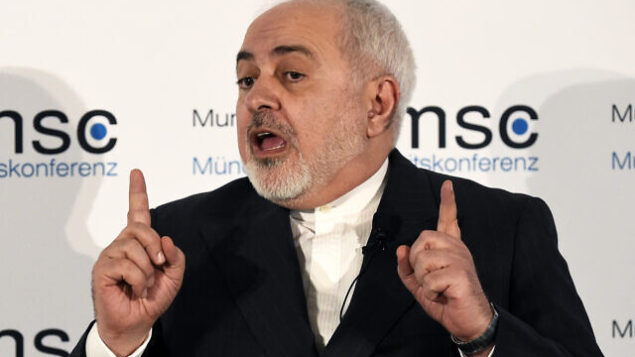 Iranian Foreign Minister Mohammad Javad Zarif speaks on the second day of the Munich Security Conference in Munich, Germany, Saturday, Feb. 15, 2020. (AP Photo/Jens Meyer)