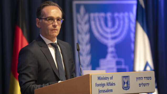 German Foreign Minister Heiko Maas gives statement to the media following his meeting with his Israeli counterpart Gabi Ashkenazi, in Jerusalem, Wednesday, June 10, 2020. (AP Photo/Oded Balilty)