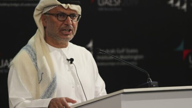 Anwar Gargash, the Emirati minister of state for foreign affairs talks at the UAE Security Forum in Abu Dhabi, United Arab Emirates, Thursday, Dec. 12, 2019. (AP Photo/Kamran Jebreili)