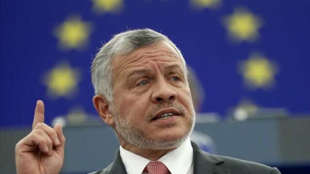 Jordan's King Abdullah delivers his speech at the European parliament Wednesday, Jan.15, 2020 in Strasbourg, eastern France. (AP Photo/Jean-Francois Badias)