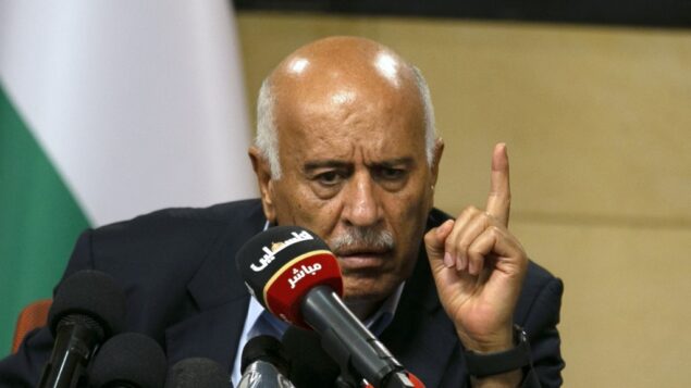 Senior Fatah official Jibril Rajoub, in the West Bank city of Ramallah, attends by video conference a meeting with deputy Hamas chief Saleh Arouri (unseen) discussing Israel's plan to annex parts of the Israeli-occupied West Bank, on July 2, 2020. (Photo by ABBAS MOMANI / AFP) Senior Fatah official Jibril Rajoub, in the West Bank city of Ramallah, attends by video conference a meeting with deputy Hamas chief Saleh Arouri (unseen) discussing Israel's plan to annex parts of the Israeli-occupied West Bank, on July 2, 2020. (Photo by ABBAS MOMANI / AFP)