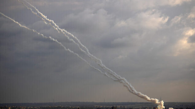 Rockets are launched from the Gaza Strip towards Israel, Monday, Feb. 24, 2020. (AP Photo/Khalil Hamra) Rockets are launched from the Gaza Strip towards Israel, Monday, Feb. 24, 2020. (AP Photo/Khalil Hamra)