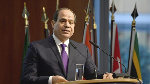 Egypt's President Abdel Fattah al-Sisi speaks at the "G20 Investment Summit - German Business and the CwA Countries 2019" on the sidelines of a Compact with Africa (CwA) in Berlin, Germany on Nov. 19, 2019. (John MacDougall/Pool via AP)