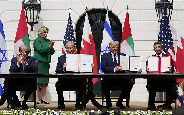 President Donald Trump, center, with from left, Bahrain Foreign Minister Khalid bin Ahmed Al Khalifa, Israeli Prime Minister Benjamin Netanyahu, Trump, and United Arab Emirates Foreign Minister Abdullah bin Zayed al-Nahyan, during the Abraham Accords signing ceremony on the South Lawn of the White House, Tuesday, Sept. 15, 2020, in Washington. (AP Photo/Alex Brandon) President Donald Trump, center, with from left, Bahrain Foreign Minister Khalid bin Ahmed Al Khalifa, Israeli Prime Minister Benjamin Netanyahu, Trump, and United Arab Emirates Foreign Minister Abdullah bin Zayed al-Nahyan, during the Abraham Accords signing ceremony on the South Lawn of the White House, Tuesday, Sept. 15, 2020, in Washington. (AP Photo/Alex Brandon)