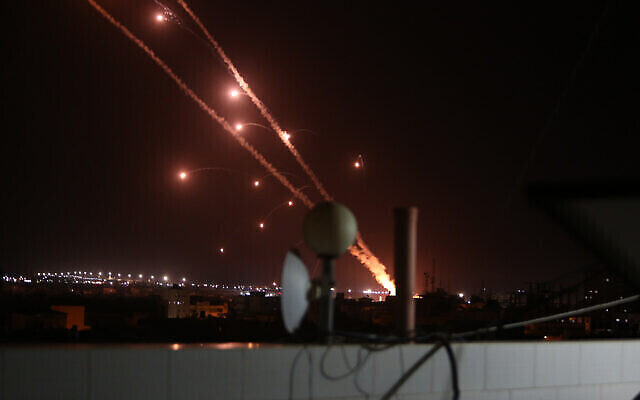 Rockets are launched towards Israel from Rafah, in the southern Gaza Strip, early on May 12, 2021. Photo by Abed Rahim Khatib/Flash90 *** Rockets are launched towards Israel from Rafah, in the southern Gaza Strip, early on May 12, 2021. Photo by Abed Rahim Khatib/Flash90 ***